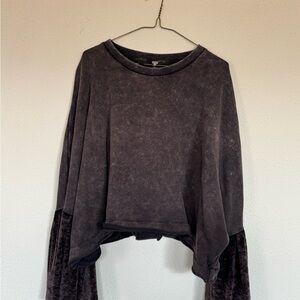 Free People Washed Black Cropped Pullover with Velvet Sleeves